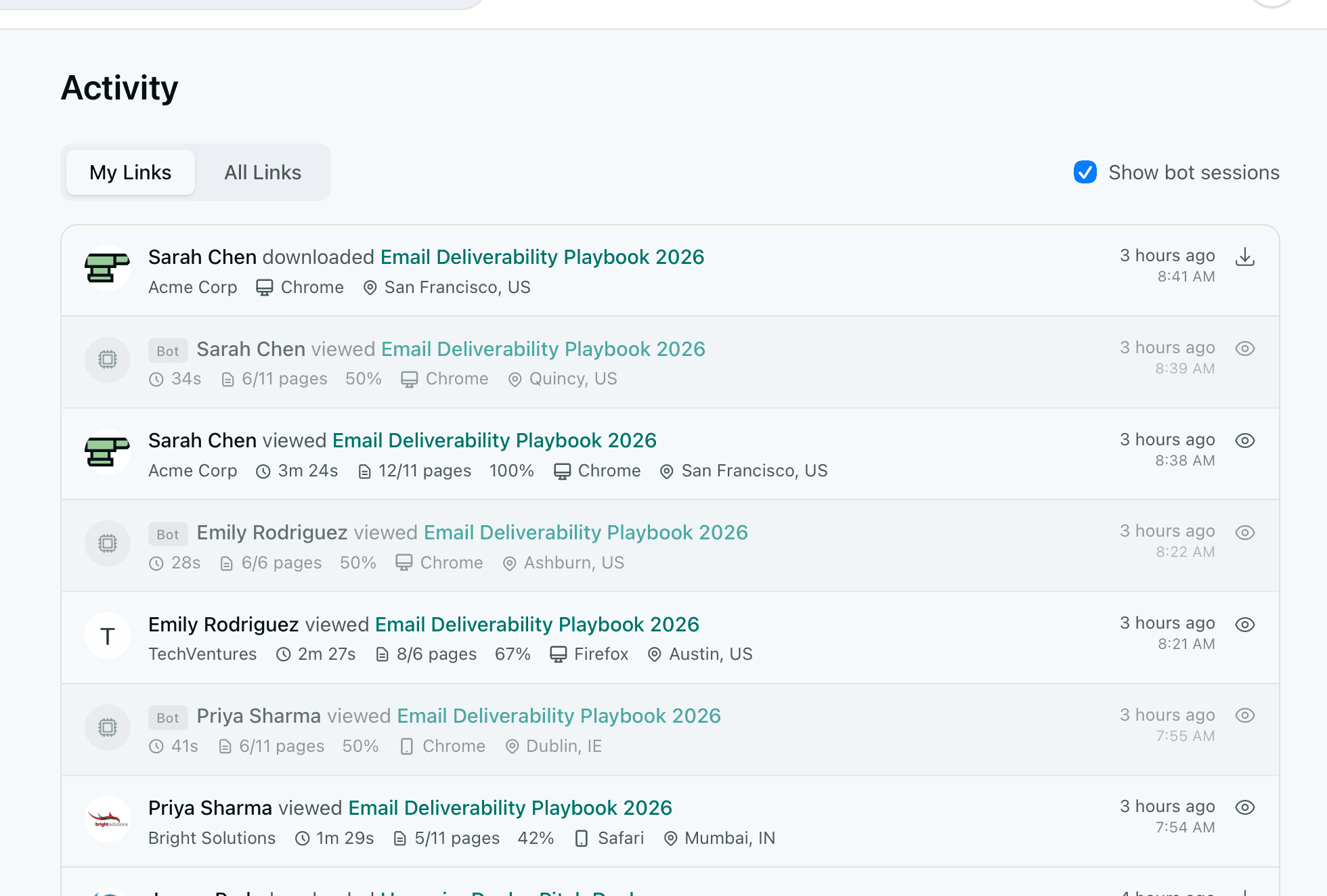 HummingDeck Activity feed with bot sessions visible — dimmed rows with a robot icon indicate filtered bot traffic from SafeLinks and Proofpoint