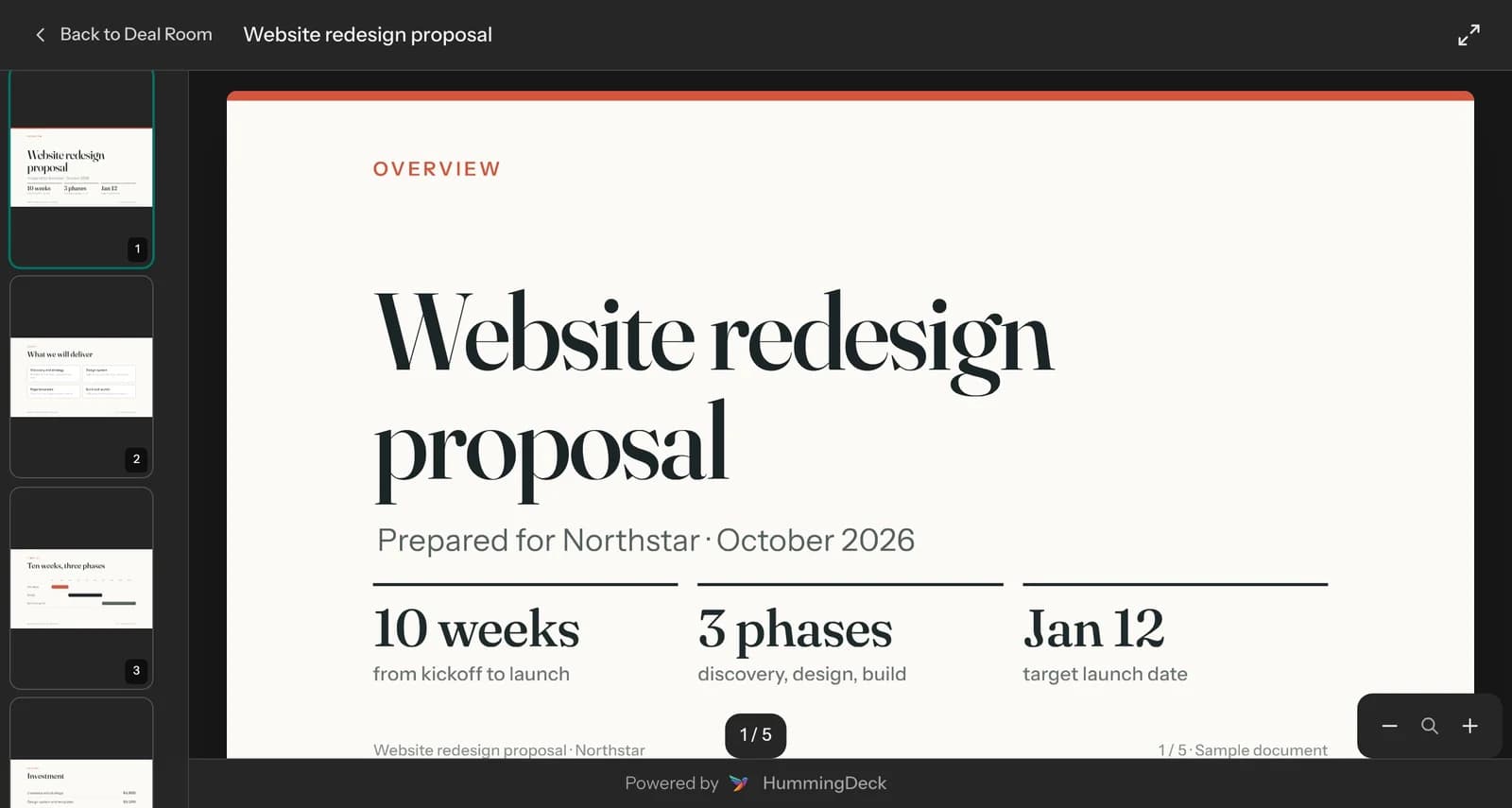 Five-page fictional Northstar proposal open in HummingDeck’s recipient PDF viewer