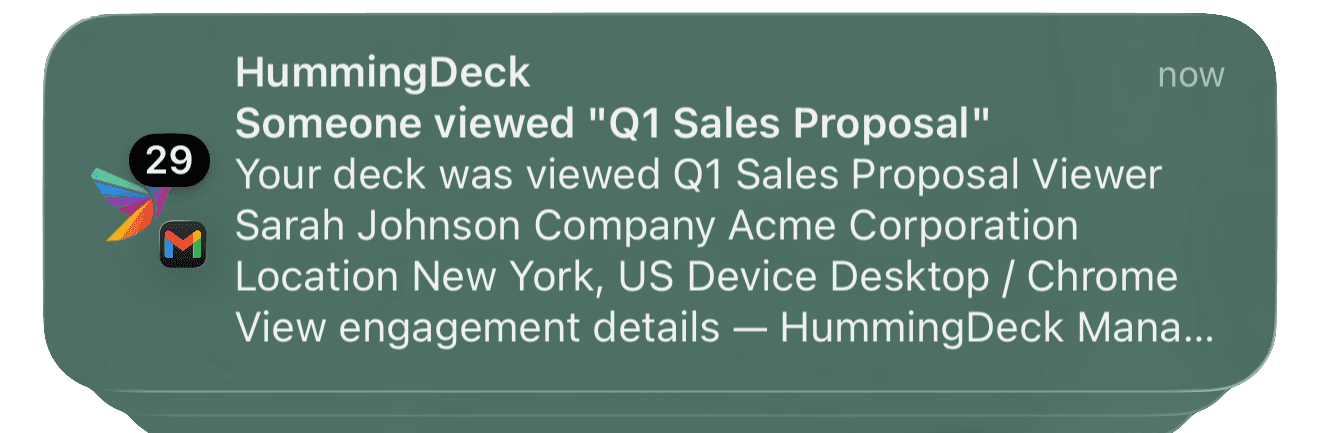 Email notification showing deck view with engagement details