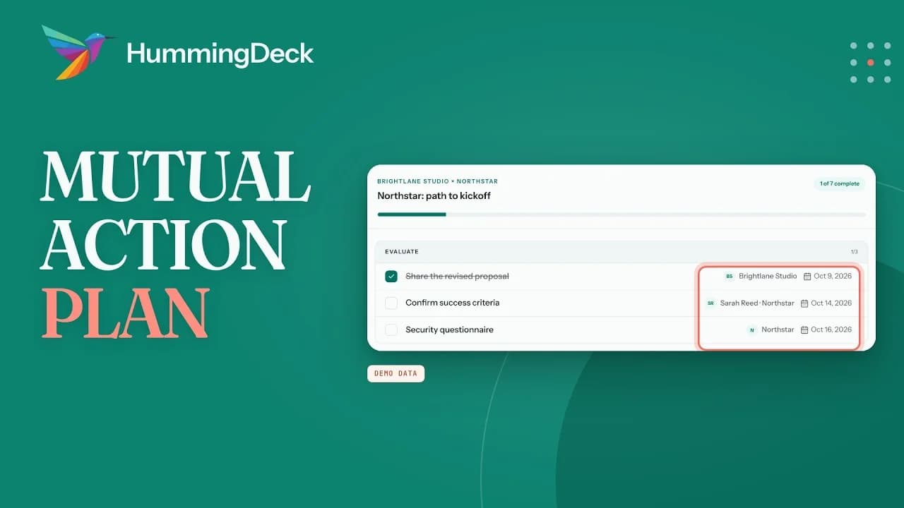 A HummingDeck mutual action plan in a buyer's room, with task owners and due dates highlighted.