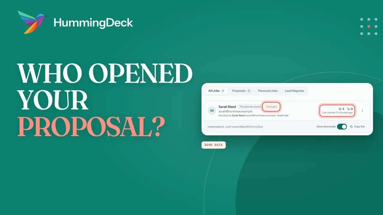 A HummingDeck proposal link with three views and a Changes response from the client.