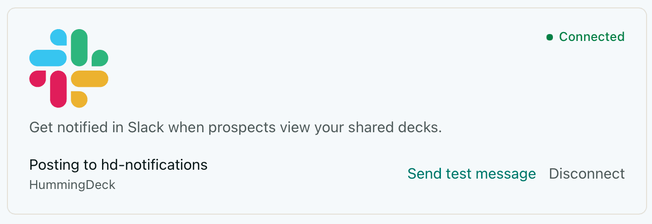 Estado de conexión de Slack en la configuración de HummingDeck
