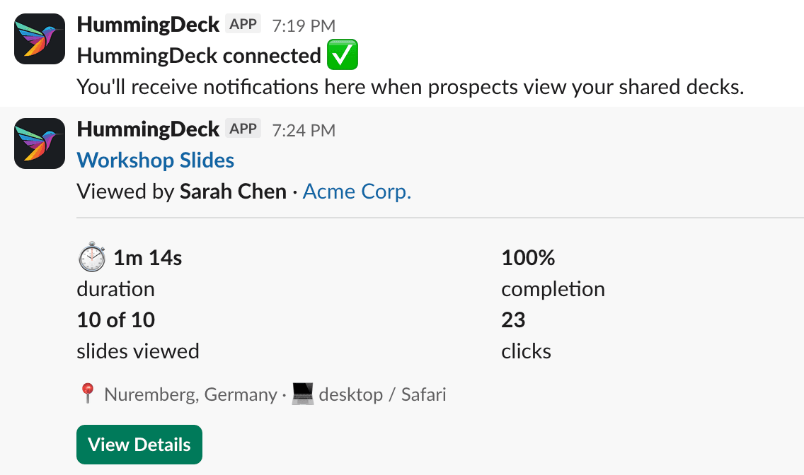Slack notification from HummingDeck showing deck viewer engagement details
