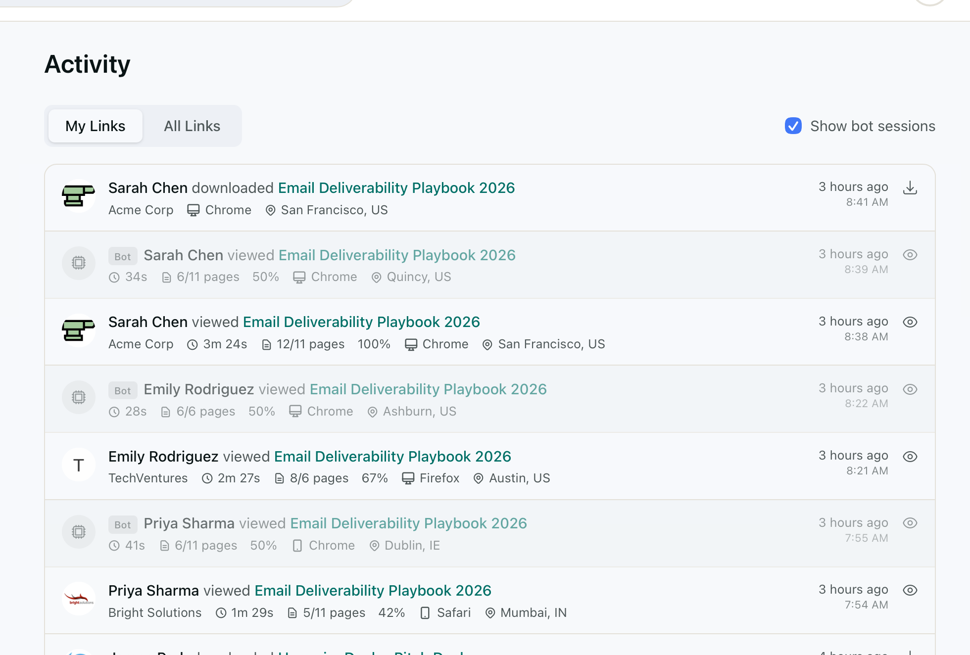 HummingDeck Activity feed with bot sessions visible, dimmed rows with a robot icon indicate filtered bot traffic from SafeLinks and Proofpoint