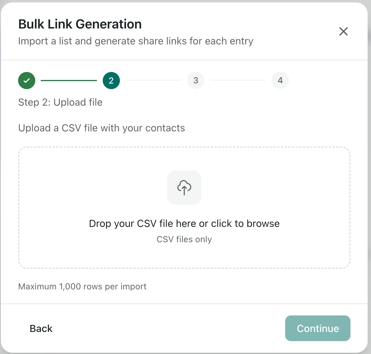 Modale HummingDeck Bulk Link Generation, Passo 2: Upload del file. Area di drop per upload CSV. Nota in fondo: 'Massimo 1.000 righe per import.'