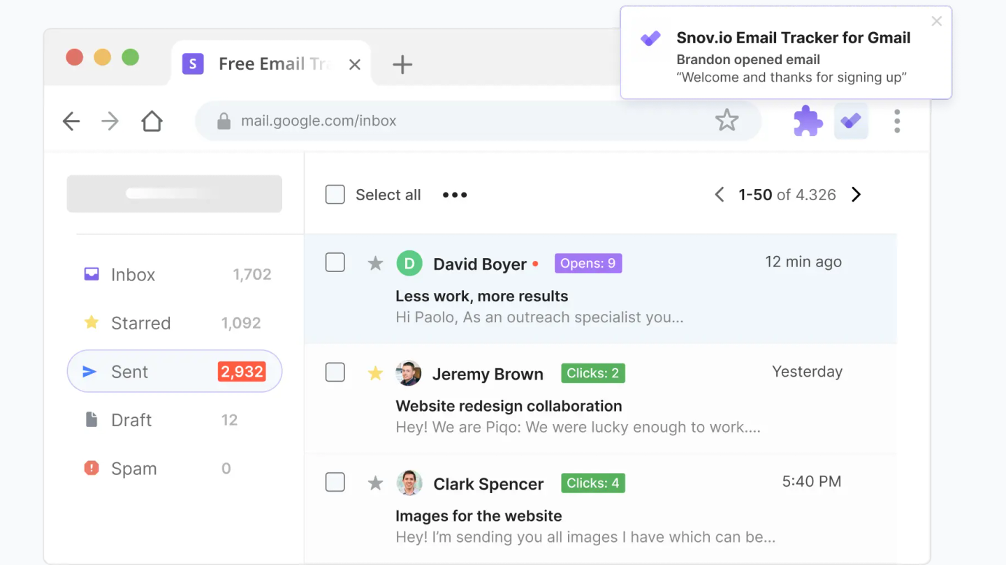 Snov.io Email Tracker w Gmailu z liczbą otwarć i kliknięć oraz alertem w czasie rzeczywistym