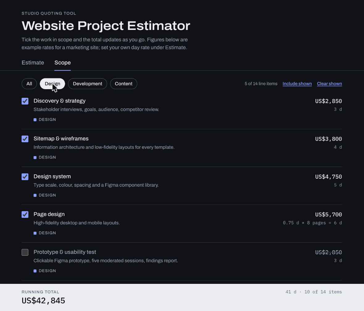 내보낸 Website Project Estimator HTML을 브라우저에서 열고 Scope 탭을 Design 항목으로 필터링한 화면