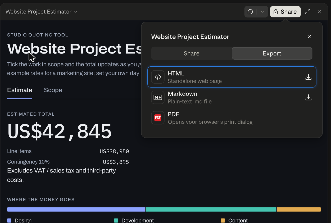 HTML, Markdown, PDF가 표시된 Claude 맞춤형 아티팩트의 Export 탭