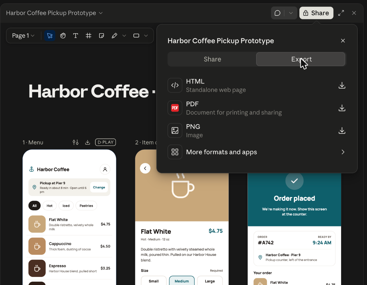 HTML, PDF, PNG, More formats and apps가 표시된 Claude Design 프로토타입의 Export 탭