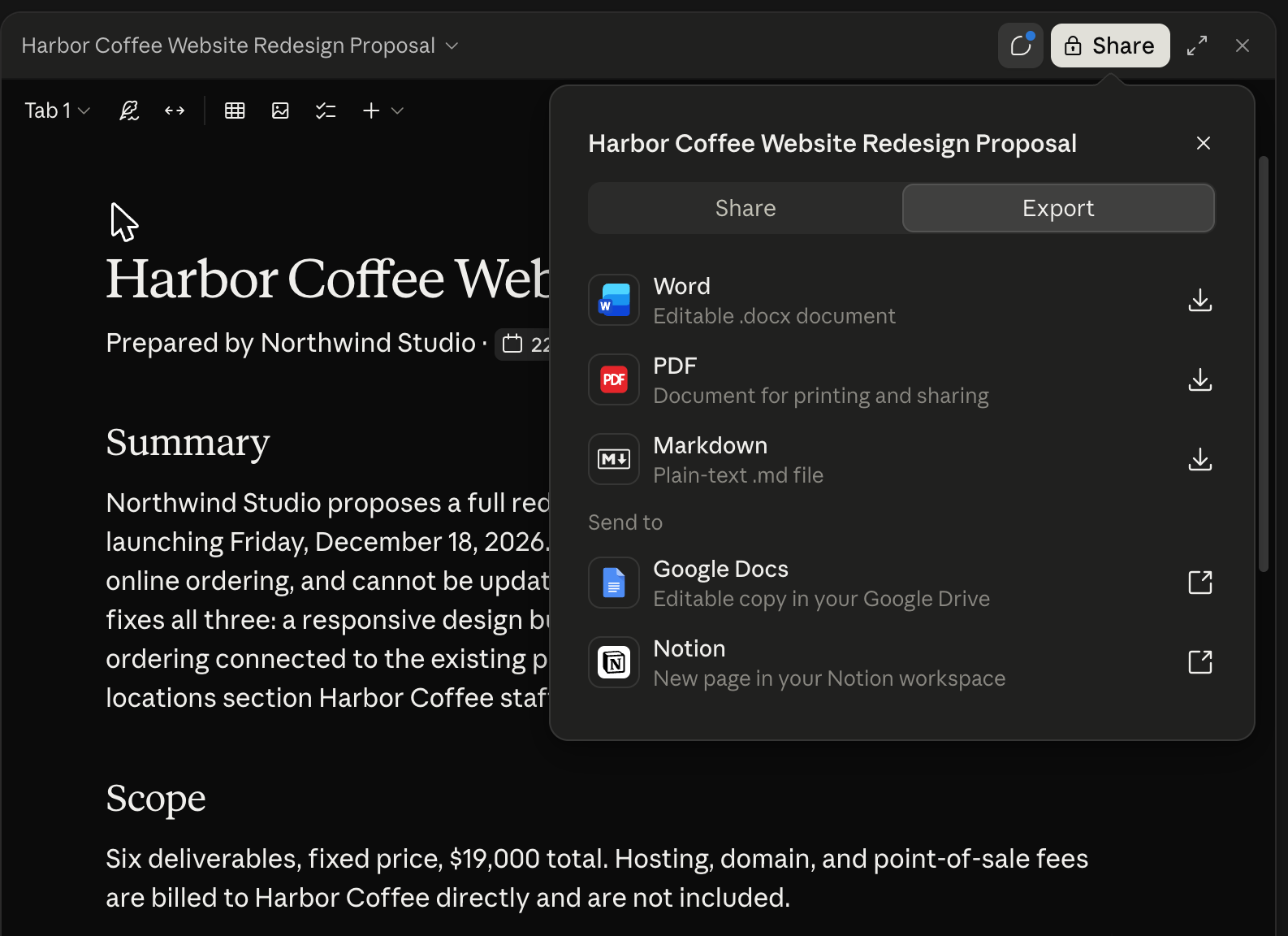 Word, PDF, Markdown 다운로드와 Google Docs, Notion 전송 대상이 표시된 Claude Doc의 Export 탭