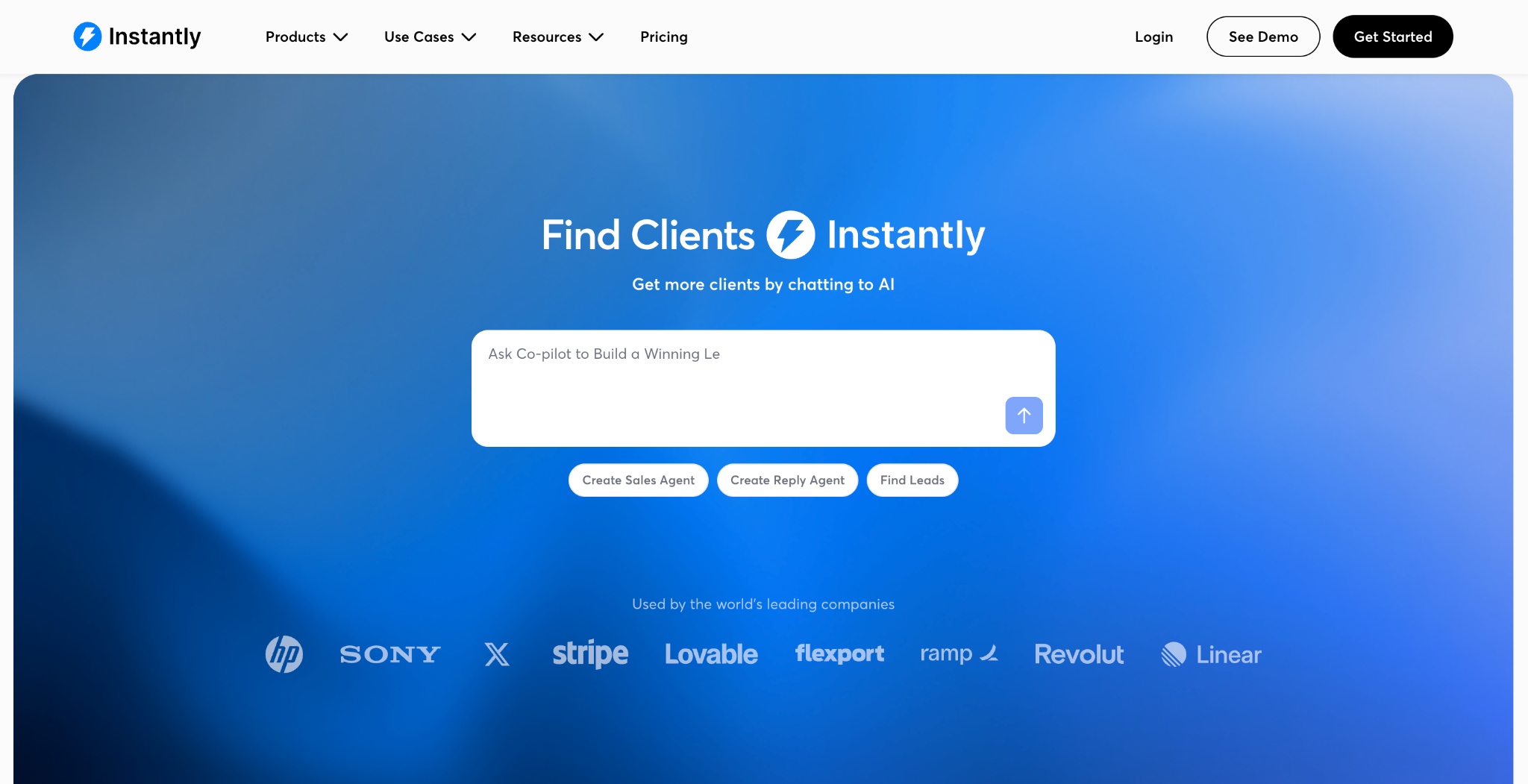 Instantly homepage showing the Co-pilot prompt and supported brand logos