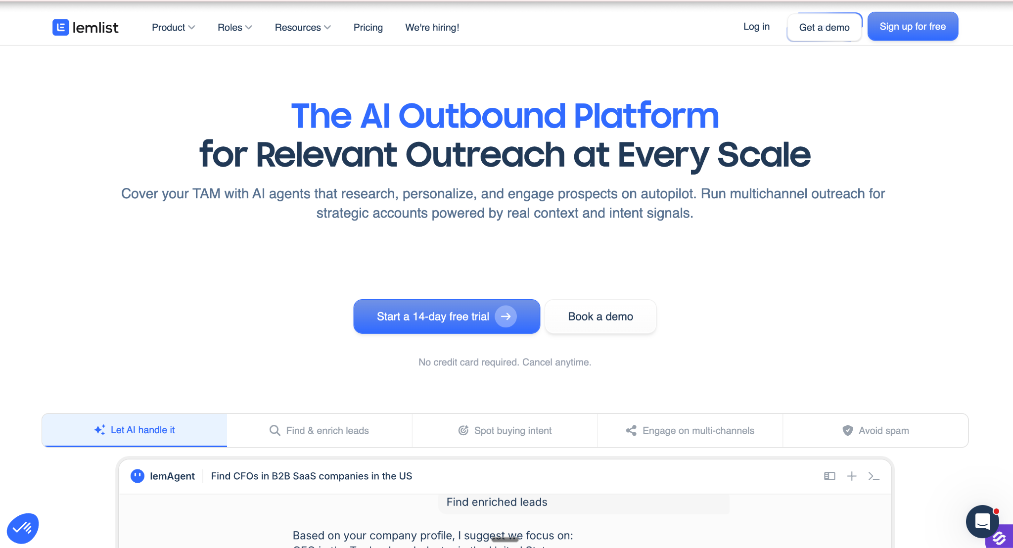 Lemlist homepage advertising the AI Outbound Platform with multichannel features