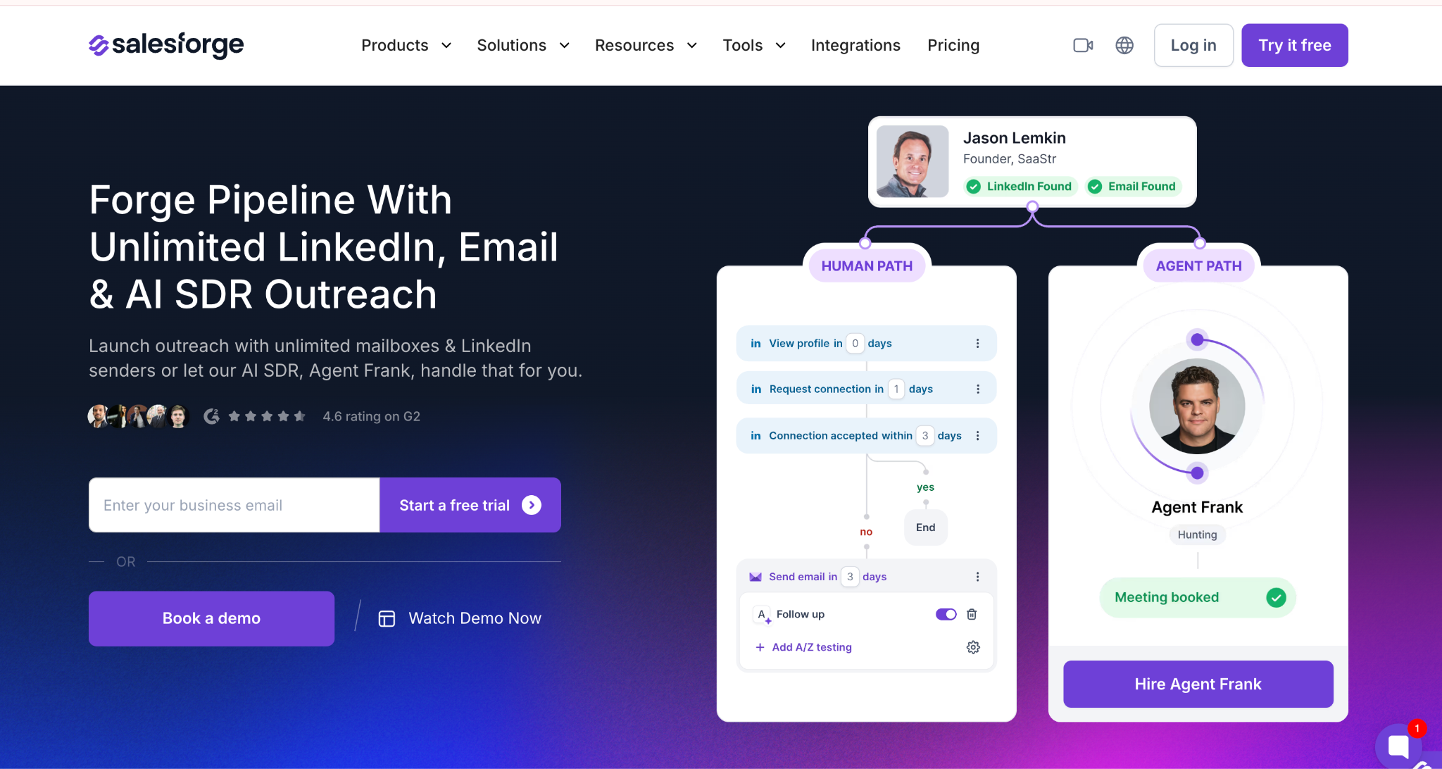Salesforge homepage showing unlimited mailboxes, LinkedIn, and Agent Frank AI SDR