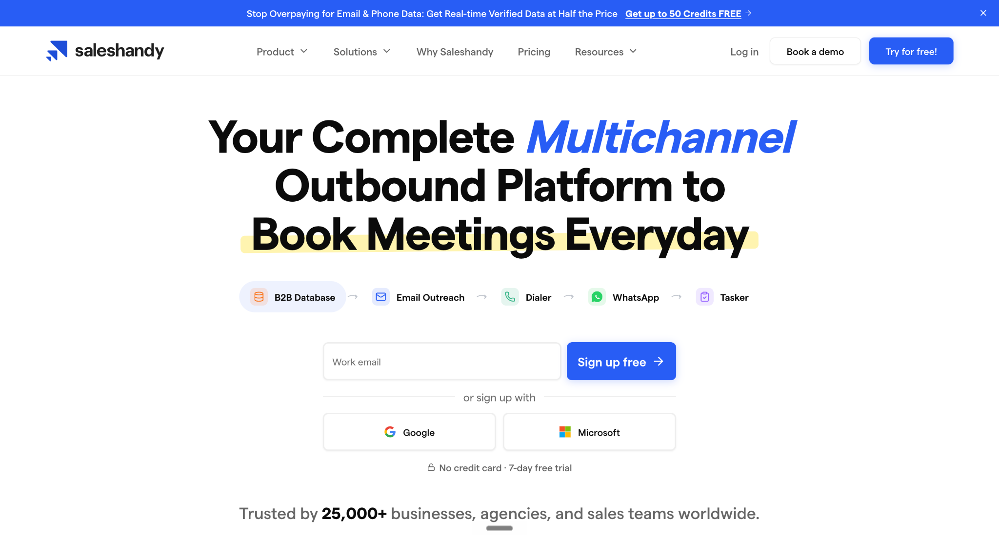 Saleshandy homepage with the Multichannel Outbound headline and signup form