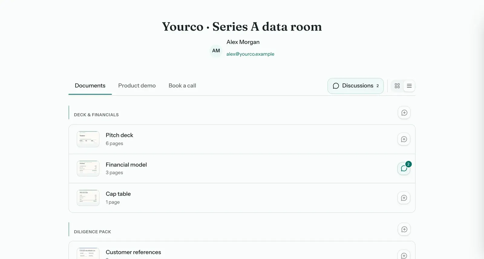 HummingDeck Series A investor data room with a pitch deck, financial model and cap table, organized into document sections with Discussions