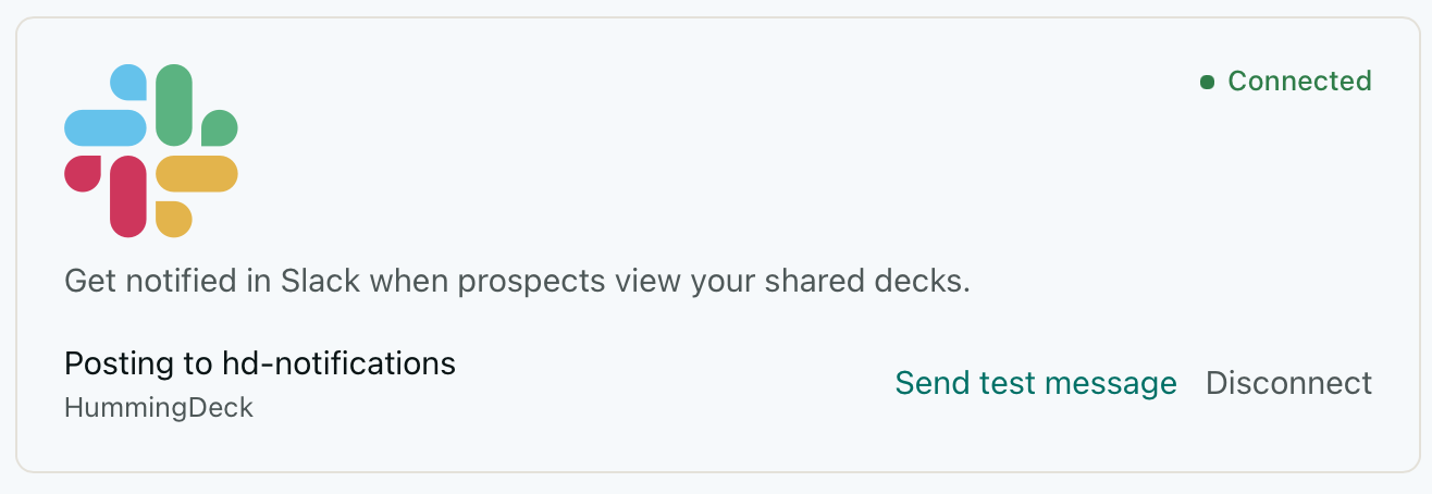 Slack verbonden status in HummingDeck-instellingen
