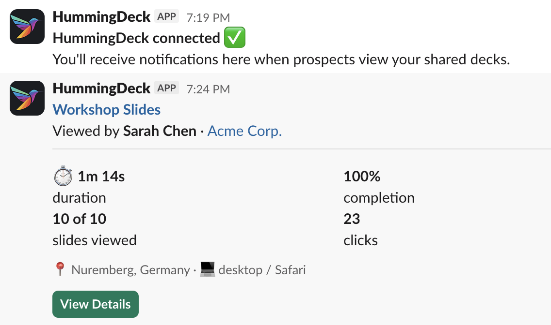Slack-melding van HummingDeck met kijkerengagementdetails