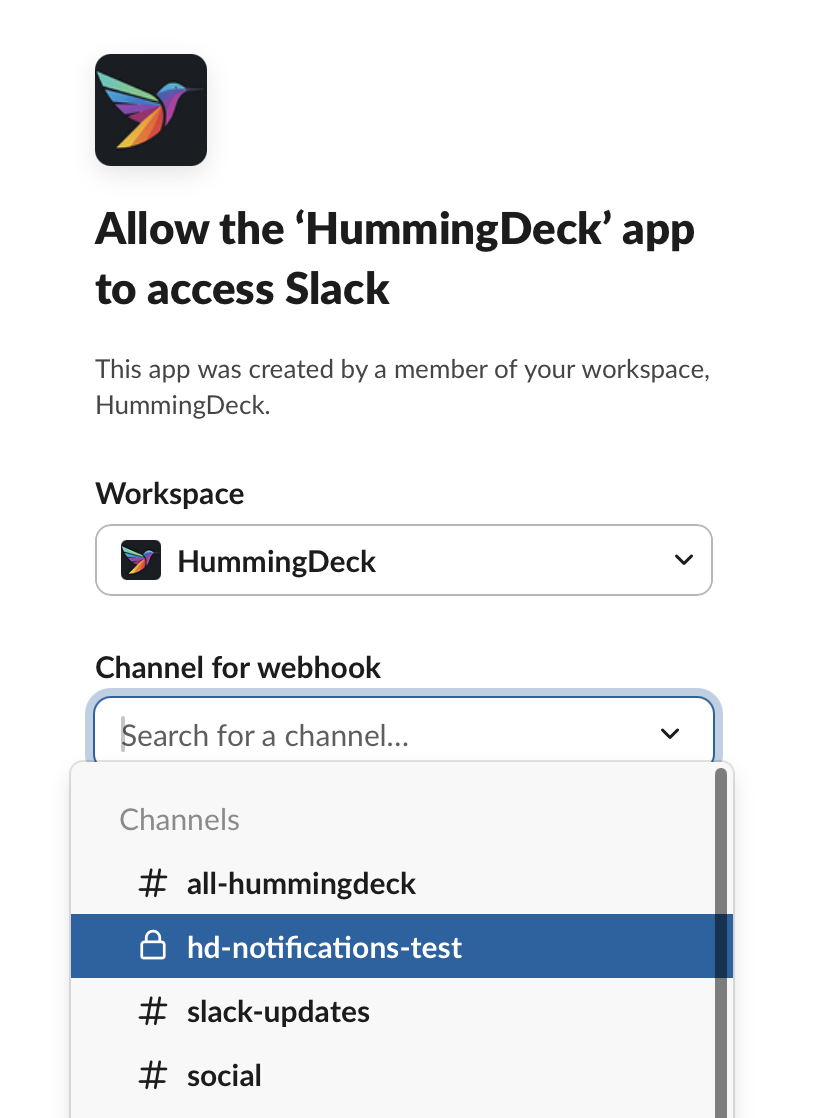 Slack-machtigingsscherm voor het selecteren van workspace en kanaal