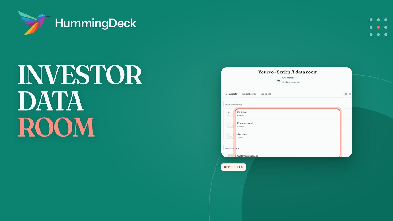 An investor data room in HummingDeck with pitch deck, financial model, and cap table documents beside the words Investor Data Room.