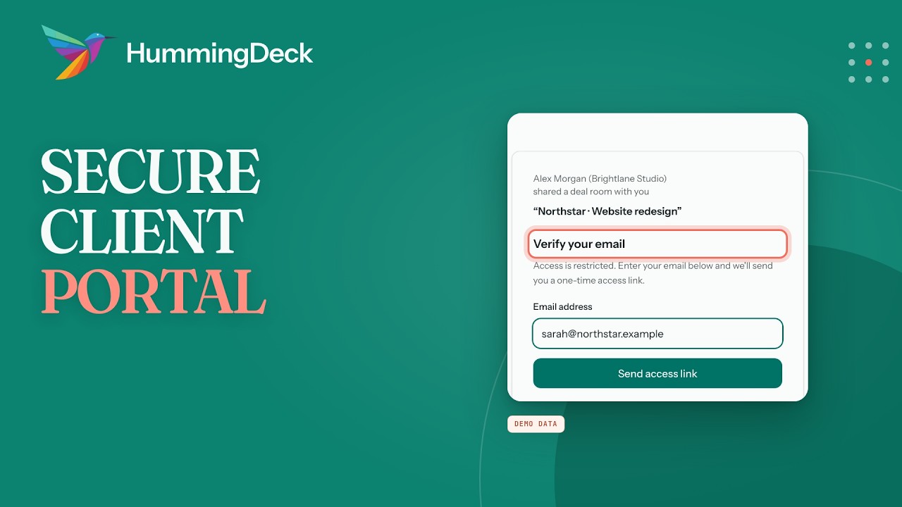A HummingDeck client portal email verification screen beside the words Secure Client Portal.