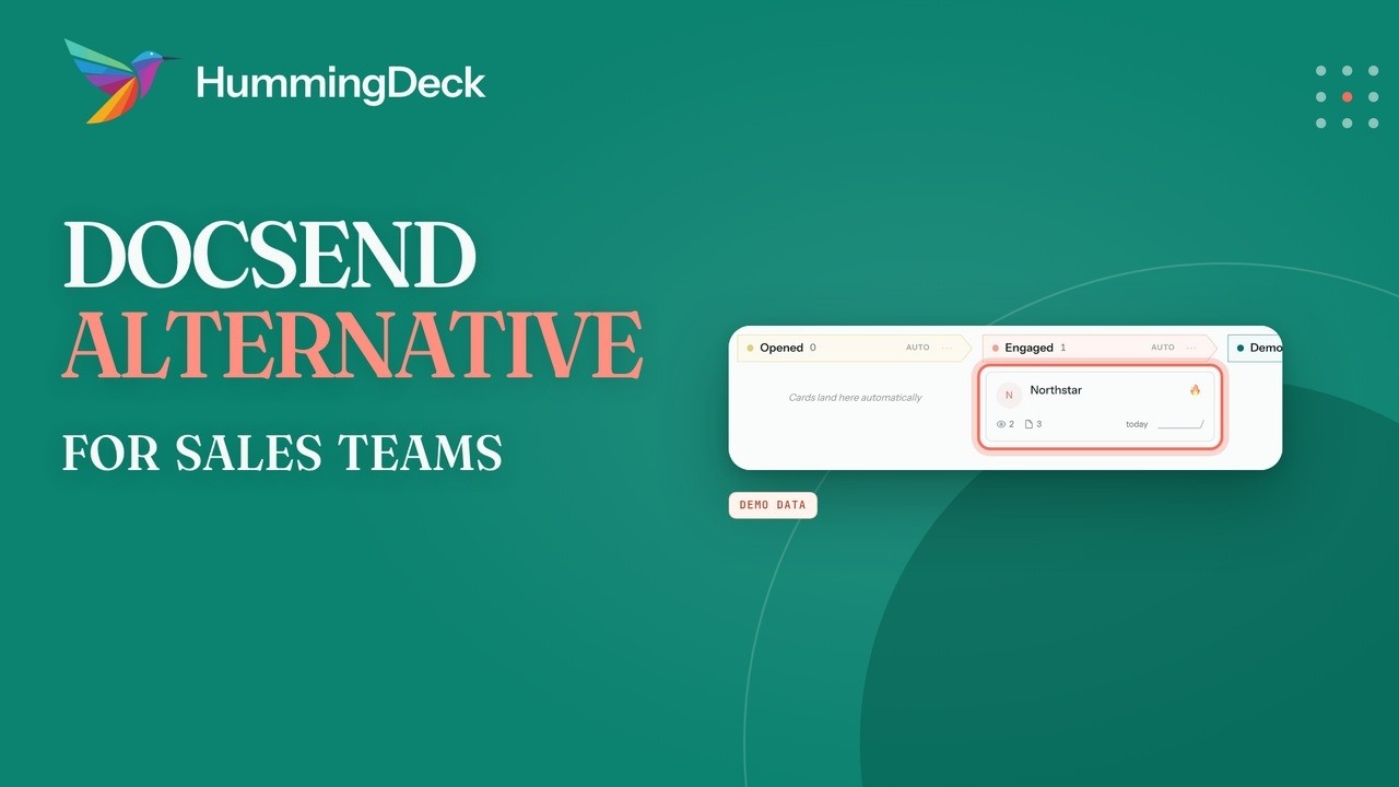 A HummingDeck Pipeline account card under Engaged beside the words DocSend Alternative for Sales Teams.