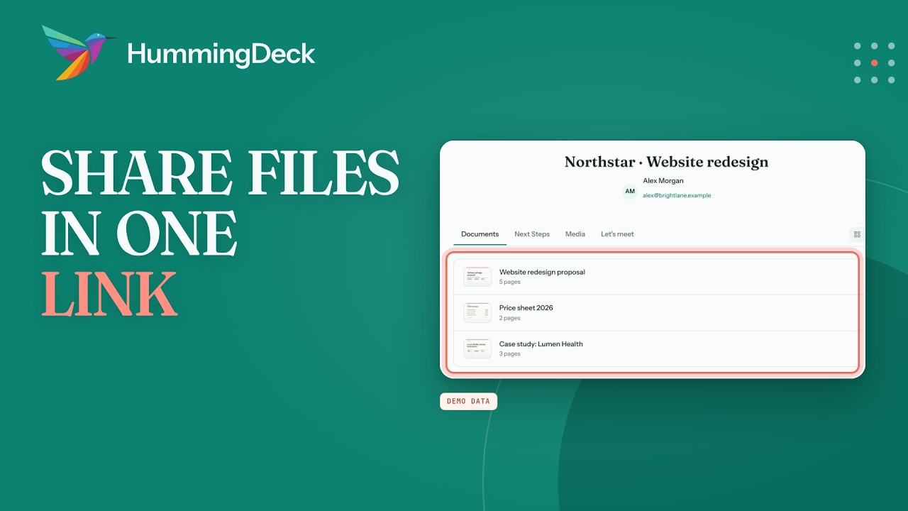 A client's HummingDeck Room with a proposal, price sheet, and case study highlighted under Share files in one link.