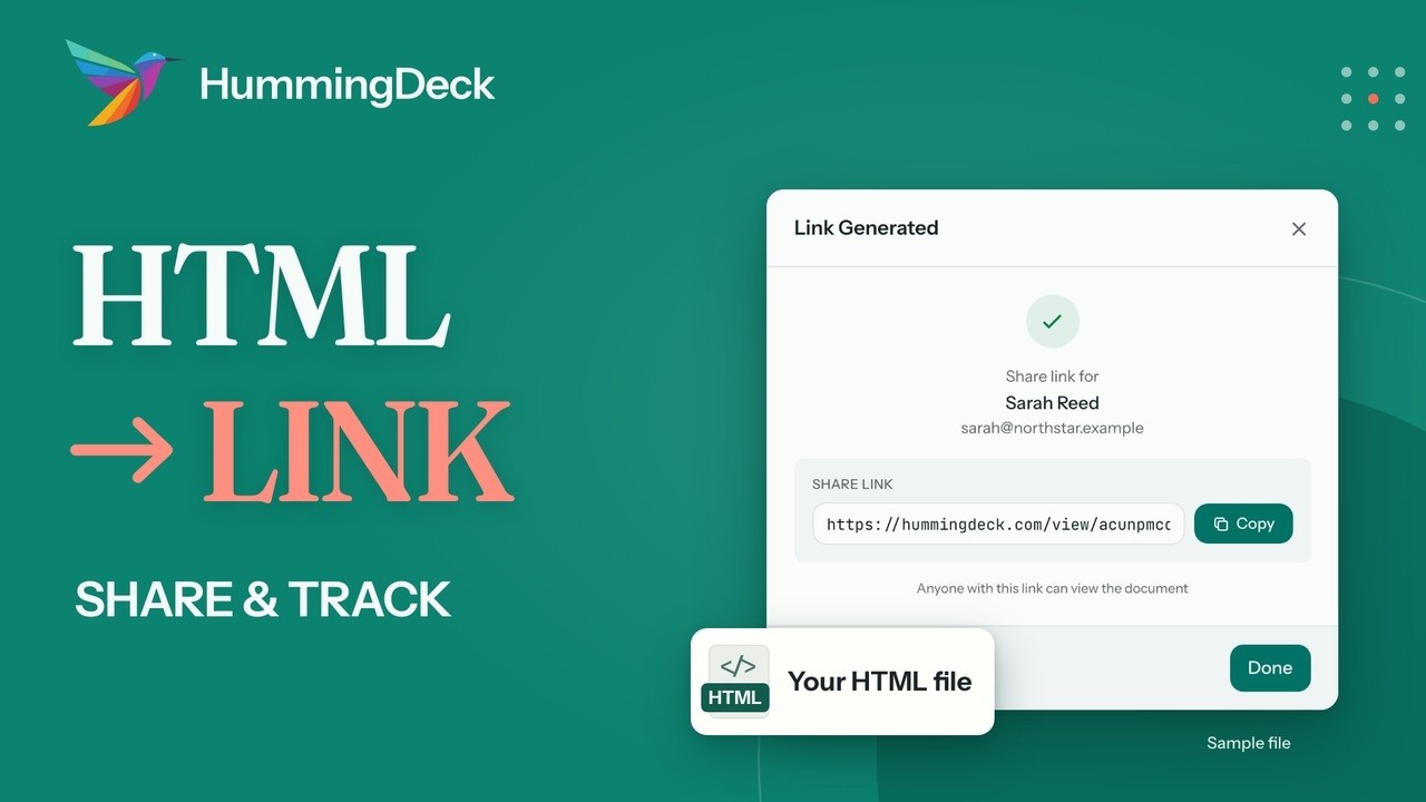 HTML to link tutorial cover with the words Share and Track, a HummingDeck Link Generated dialog, and a file tile labeled Your HTML file.