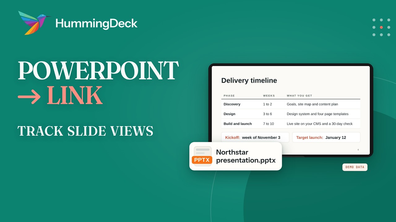 PowerPoint to link tutorial cover showing the Northstar presentation's delivery timeline slide and a PPTX file tile.
